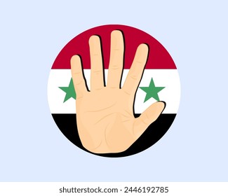 Syrien-Fahne mit Handstopp-Schild, Protest- und Menschenrechtsidee, Vektorgrafik-Design, Protest in Syrien, Einschränkung oder verbotenes Emblem, Verletzung der Meinungsfreiheit, Krieg beenden