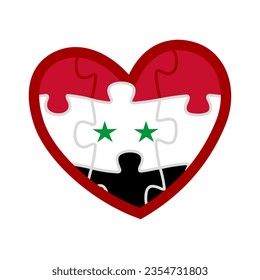 Syria flag icon. Colored puzzle pieces. Symbol of love. Heart isolated on white background - logo. Vector design emblem.