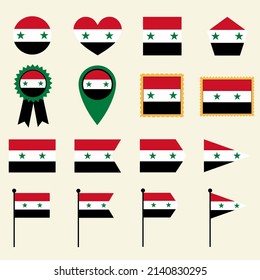 Syria flag icon set in 16 shape versions. Collection of Syria flag icons with square, circle, heart, triangle, medal, stamp and location shapes.