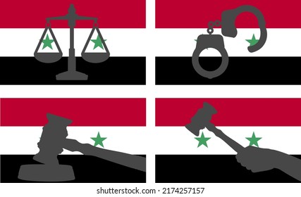 Syria flag with justice vector silhouette, judge gavel hammer and scales of justice and handcuff silhouette on country flag, Syria law concept, design asset, freedom idea