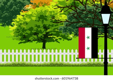 Syria Flag, Landscape of Park, Trees, Fence wooden and Street light Vector Illustration 