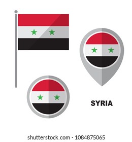 Syria flag and map pointer isolated on white background. Syrian Arab Republic  national symbol. Vector flat design collection.