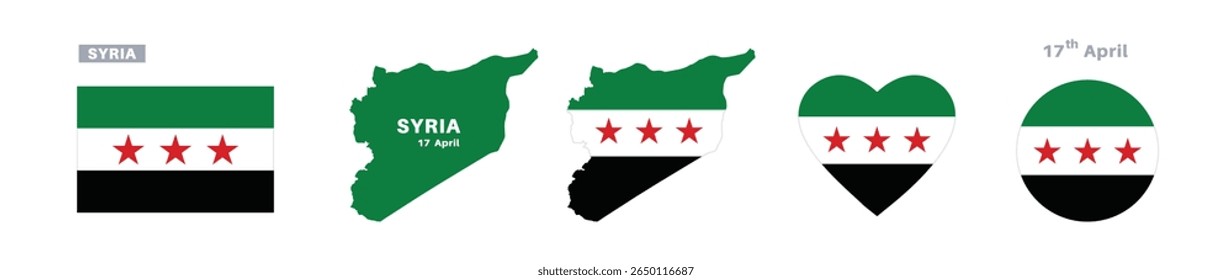 syria-Flagge und Kartensatz. syria Flagge in offiziellen Farben und Proportionen. Unabhängigkeitstag 27 April , Karte, Kreis und Herz geformt Syrien