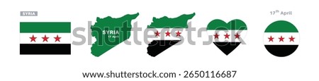 syria flag and map set. syria flag in official colors and proportions. independence day 27 april , map, circle and heart shaped syria