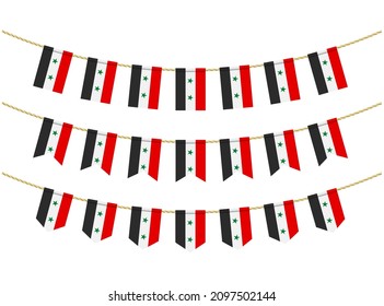 Syria flag on the ropes on white background. Set of Patriotic bunting flags. Bunting decoration of Syria flag