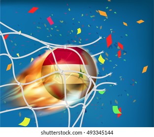 Syria flag on soccer ball goes through the net of goal and confetti in vector illustration, design for score in football with powerful shooting as a fire