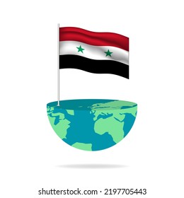 Syria flag pole on globe. Flag waving around the world. Easy editing and vector in groups. National flag vector illustration on white background.