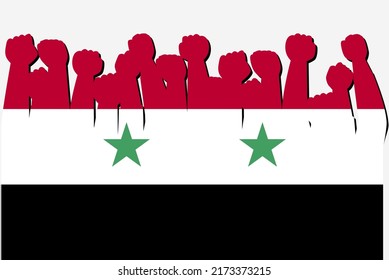 Syria flag with raised protest hands vector, country flag logo, Syria protesting concept, flat design, against idea