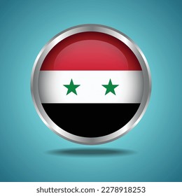 The Syria flag. Round glossy. Silver frame. Isolated on color gradient background
