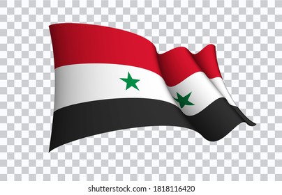 Símbolo del estado de la bandera siria aislado en una bandera nacional de fondo. Tarjeta de saludo Día Nacional de la Independencia de la República Árabe Siria. Cartel de ilustración con bandera de estado realista.