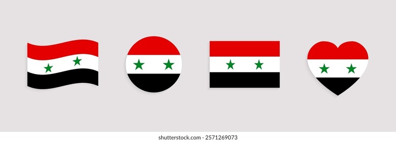 Syria flag vector set. Geometric shapes. Syrian national symbols collection. Web, national, travel, patriotic design elements. rectangle, round, love heart and waved flagstaff isolated icons