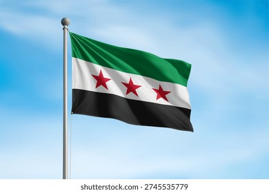 Syria flag waving on pole against clear sky background.
