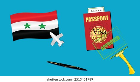 Syria flag with white plane icon. Passport with visa approved stamp. Black stylish Pen. Syria Travel poster. Editable vector EPS available