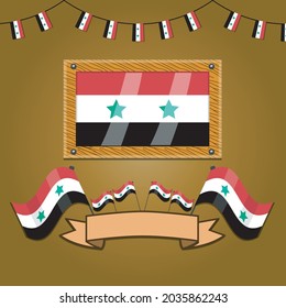 Syria Flags On Frame Wood, Label, Simple Gradient and Vector Illustration