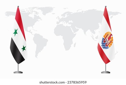 Syria and French Polynesia flags for official meeting against background of world map.
