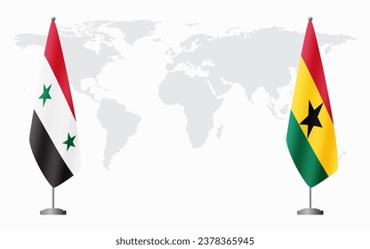 Syria and Ghana flags for official meeting against background of world map.