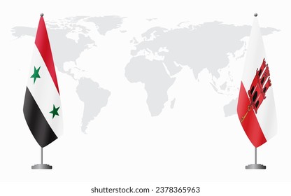 Syria and Gibraltar flags for official meeting against background of world map.