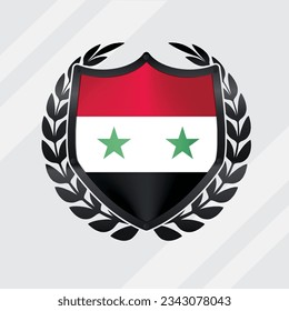Syria Glossy Black Shield Flag With Rounding Leaf Wreath 
