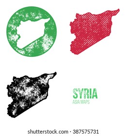 Syria Grunge Retro Maps - Asia - Three silhouettes Syria maps with different unique letterpress vector textures - Infographic and geography resource