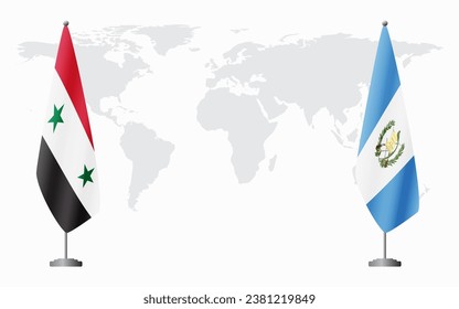 Syria and Guatemala flags for official meeting against background of world map.