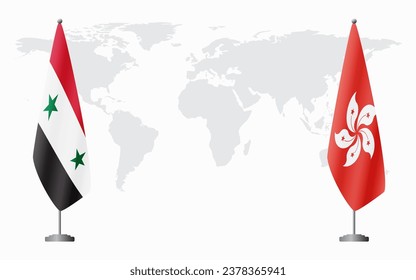 Syria and Hong Kong flags for official meeting against background of world map.