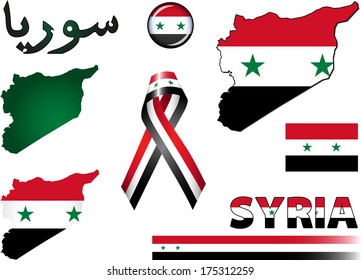 Syria Icons. Set of vector graphic images and symbols representing Syria. The text says 'Syria' in Arabic.