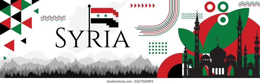 Syria independence day celebration banner design with flag and map. Flag color theme geometric pattern retro modern Illustration design. Red, green, black and white color template.