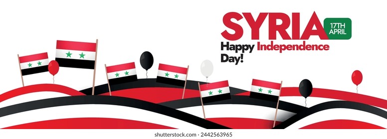 Celebración del Día de la Independencia de Siria. Banderas de Siria con formas modernas retro o abstractas y globos en colores sirios. Banner del sitio web del feriado nacional. 17 de abril. Afiche del Día de la Libertad. Gran bandera siria