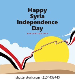 Syria independence day or evacuation day celebration vector illustration with a long flag within a bright day sand desert scenery.