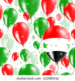Syria Independence Day Seamless Pattern. Flying Rubber Balloons in Colors of the Syrian Flag. Happy Syria Day Patriotic Card with Balloons, Stars and Sparkles.