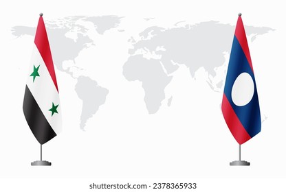 Syria and Laos flags for official meeting against background of world map.