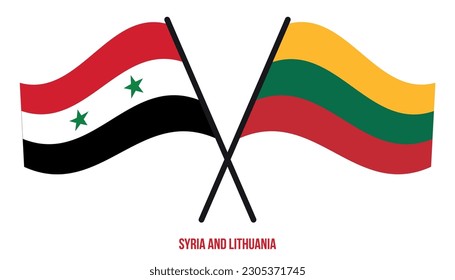 Banderas de Siria y Lituania cruzadas y ondeadas de estilo plano. Proporción oficial. Colores correctos.