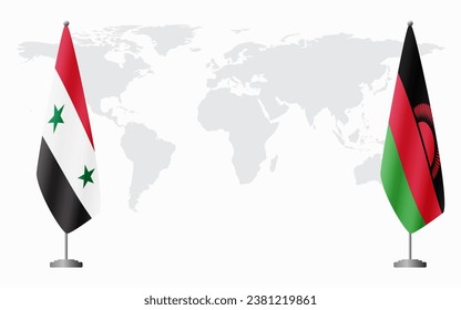 Syria and Malawi flags for official meeting against background of world map.