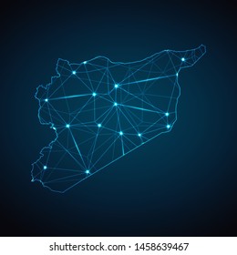 Syria Map - Abstract geometric mesh polygonal network line, structure and point scales on dark background with lights in the form of cities. Vector illustration eps 10.