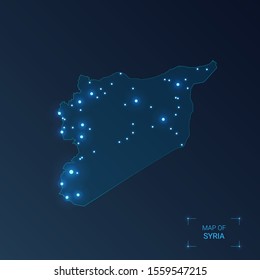 Syria map with cities. Luminous dots - neon lights on dark background. Vector illustration. 