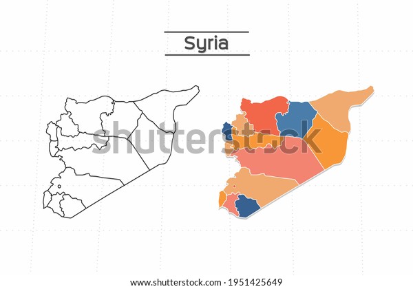 Syria map city vector\
divided by colorful outline simplicity style. Have 2 versions,\
black thin line version and colorful version. Both map were on the\
white background.