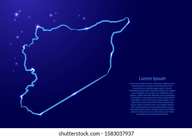 Syria map from the contour blue brush lines different thickness and glowing stars on dark background. Vector illustration.
