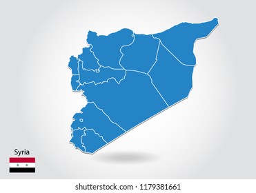 Syria map design with 3D style. Blue Syria map and National flag. Simple vector map with contour, shape, outline, on white.