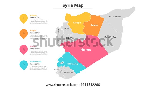 Syria map divided into federal states. Territory\
of country with regional borders. Syrian administrative division.\
Infographic design template. Vector illustration for touristic\
guide, banner.