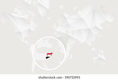 Syria map with flag in contour on white polygonal World Map. Vector Illustration.