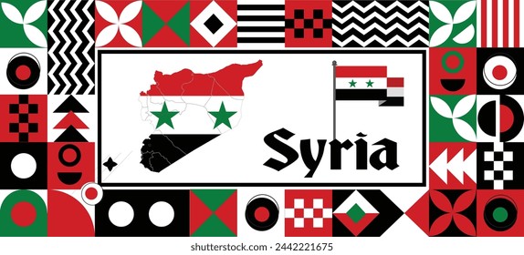 Syria Map flag independence day geometric Country web banner corporate abstract background design with flag theme. Country Vector Illustration