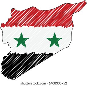 Syria map hand drawn sketch. Vector concept illustration flag, childrens drawing, scribble map. Country map for infographic, brochures and presentations isolated on white background. Vector