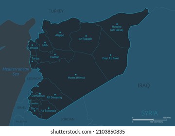 Syria map. High detailed map of Syria with countries, borders, cities, water objects. Vector illustration eps10