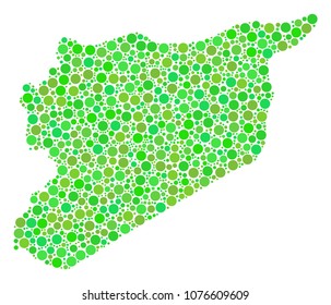 Syria Map mosaic of random filled circles in various sizes and green color tinges. Vector spheric items are organized into syria map mosaic. Ecology geography map vector illustration.