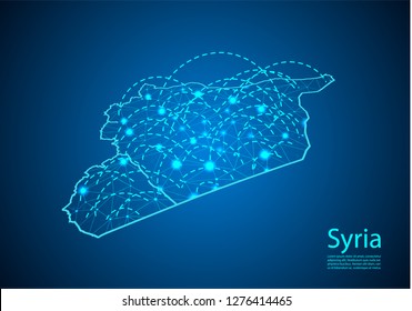 syria map with nodes linked by lines. concept of global communication and business. Dark syria map created from white dots with travel locations or internet connection.