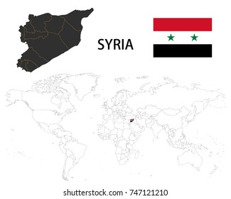Syria map on a world map with flag on white background.