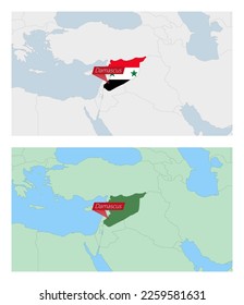 Syria map with pin of country capital. Two types of Syria map with neighboring countries. Vector template.