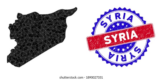 Syria map polygonal mesh with filled triangles, and grunge bicolor stamp imitation. Triangle mosaic Syria map with mesh vector model, triangles have randomized sizes, and positions, and color tones.
