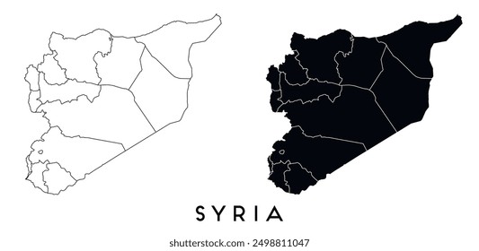 Mapa de Siria de regiones y distritos Vector negro sobre blanco y contorno