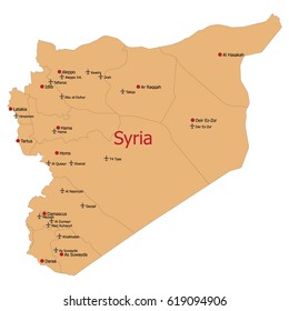 Syria Map with Regions, Main Cities, Military Airbases Layers. Vector.